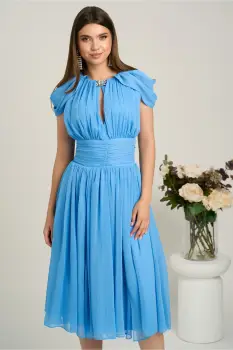 Rochie DY Fashion midi bleu din voal in clos cu accesoriu si decupaj la decolteu imagine