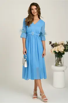 Rochie DY Fashion midi bleu din voal in clos cu pene la maneci si accesoriu in talie imagine