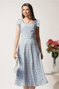 Rochie DY Fashion midi bleu in clos cu floricele roz si volane la maneci imagine