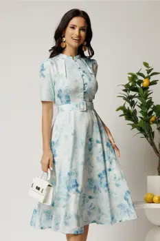 Rochie DY Fashion midi bleu in clos din rayon cu imprimeu floral si curea in talie imagine