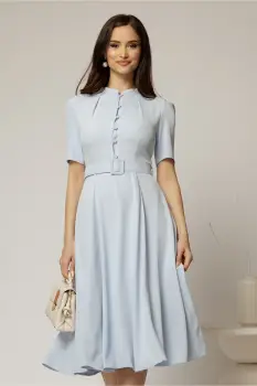 Rochie DY Fashion midi bleu in clos din triplu voal cu nasturi la bust si curea in talie imagine