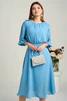 Rochie DY Fashion midi bleu in clos din voal cu accesorii pe umeri imagine