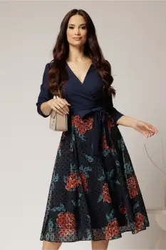 Rochie DY Fashion midi bleumarin cu decolteu petrecut si fusta din voal imprimat imagine