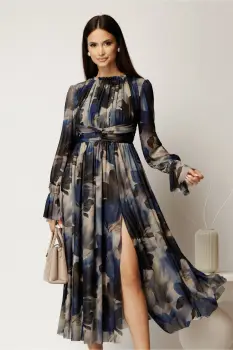 Rochie DY Fashion midi bleumarin cu imprimeu din tulle fin in clos cu crapatura pe picior imagine