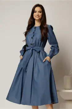 Rochie DY Fashion midi bleumarin din bumbac cu nasturi pe bust si cordon in talie imagine