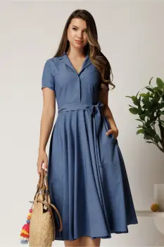 Rochie DY Fashion midi bleumarin din stofa subtire cu cordon si buzunare imagine