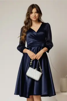 Rochie DY Fashion midi bleumarin din tafta cu maneci din voal cu lurex imagine