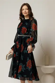 Rochie DY Fashion midi bleumarin din voal cu buline de catifea in clos cu perle in talie imagine