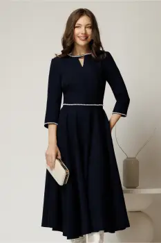 Rochie DY Fashion midi bleumarin eleganta cu perle in talie si la decolteu imagine