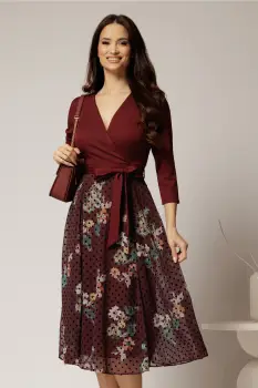 Rochie DY Fashion midi bordo cu decolteu petrecut si fusta din voal imprimat imagine