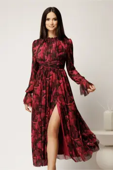 Rochie DY Fashion midi bordo cu imprimeu din tulle fin in clos cu crapatura pe picior imagine