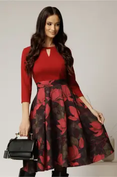Rochie DY Fashion midi bordo cu imprimeu si decupaj la decolteu imagine