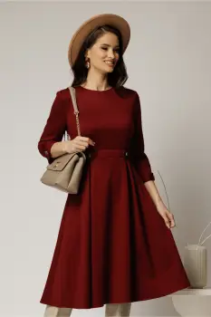 Rochie DY Fashion midi bordo din tricot cu nasturi decorativi pe talie imagine