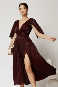 Rochie DY Fashion midi bordo din voal in clos cu aspect sidefat si maneci sparte imagine
