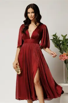 Rochie DY Fashion midi bordo din voal in clos cu tull la decolteu si crapatura pe picior imagine