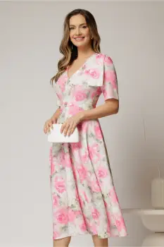 Rochie DY Fashion midi clos cu funda pe umar si print roz imagine