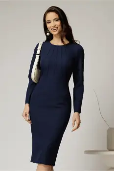 Rochie DY Fashion midi conica bleumarin office cu nervuri imagine