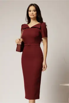 Rochie DY Fashion midi conica bordo cu guler ascutit si curea in talie imagine
