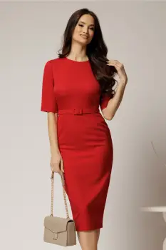 Rochie DY Fashion midi conica rosie cu decolteu rotund si curea in talie imagine