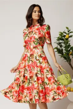 Rochie DY Fashion midi cu flori corai in clos din rayon si curea in talie imagine