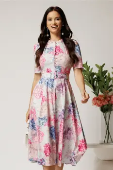 Rochie DY Fashion midi cu flori roz si bleu in clos din rayon imagine