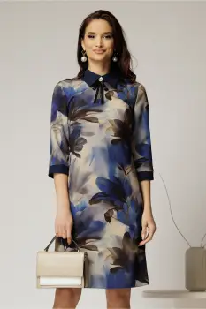 Rochie DY Fashion midi cu imprimeu albastru cu guler tip camasa imagine