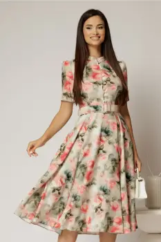 Rochie DY Fashion midi cu imprimeu kaki in clos din triplu voal cu nasturi la bust si curea in talie imagine