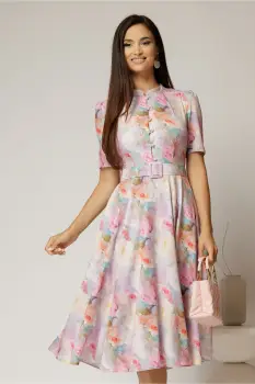 Rochie DY Fashion midi cu imprimeu lila in clos din triplu voal cu nasturi la bust si curea in talie imagine