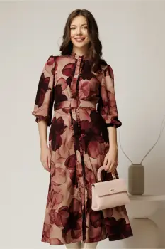 Rochie DY Fashion midi cu imprimeu magenta cu maneci bufante si curea in talie imagine