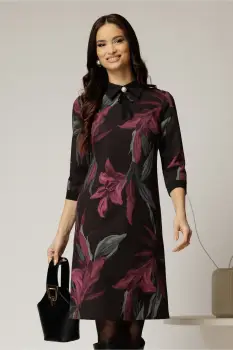 Rochie DY Fashion midi cu imprimeu negru si mov cu guler tip camasa imagine