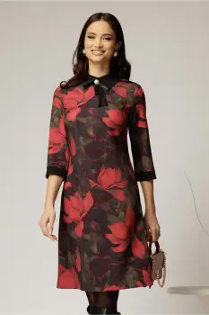 Rochie DY Fashion midi cu imprimeu negru si rosu cu guler tip camasa imagine