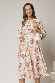 Rochie DY Fashion midi cu imprimeu oranj cu maneci evazate si funde pe bust imagine
