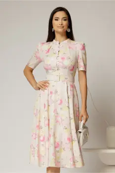 Rochie DY Fashion midi cu imprimeu roz in clos din triplu voal cu nasturi la bust si curea in talie imagine