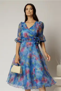 Rochie DY Fashion midi din organza cu imprimeuri albastre imagine