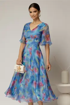 Rochie DY Fashion midi din organza cu imprimeuri bleu lila imagine