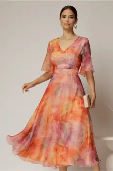 Rochie DY Fashion midi din organza cu imprimeuri corai si oranj imagine
