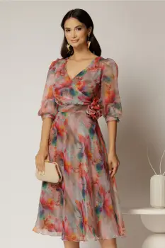 Rochie DY Fashion midi din organza cu imprimeuri oranj imagine