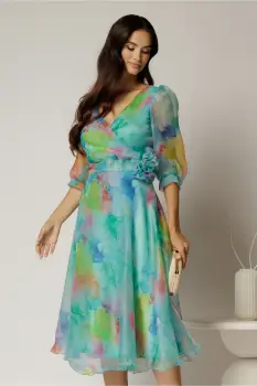 Rochie DY Fashion midi din organza cu imprimeuri turcoaz imagine