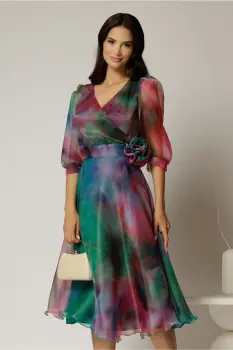Rochie DY Fashion midi din organza cu imprimeuri verde fucsia imagine