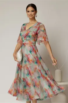 Rochie DY Fashion midi din organza cu imprimeuri verde mint imagine