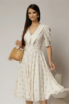 Rochie DY Fashion midi din triplu voal cu buline si guler ascutit si nasturi la maneci imagine