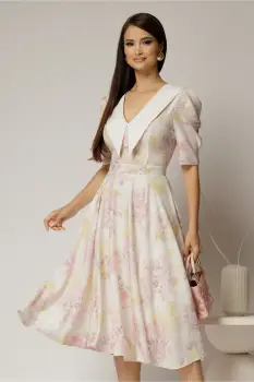 Rochie DY Fashion midi din triplu voal cu print roz galben si guler ascutit si nasturi la maneci imagine