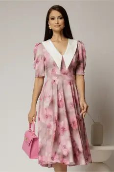 Rochie DY Fashion midi din triplu voal cu print roz si guler ascutit si nasturi la maneci imagine