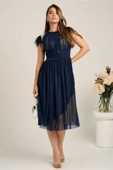 Rochie DY Fashion midi din tull bleumarin in clos cu pene la umeri imagine