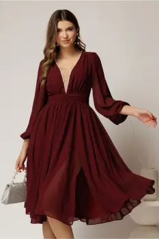 Rochie DY Fashion midi din voal bordo in clos cu perle si tull la decolteu imagine