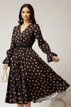 Rochie DY Fashion midi din voal negru cu buline si curea in talie imagine