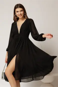 Rochie DY Fashion midi din voal negru in clos cu perle si tull la decolteu imagine