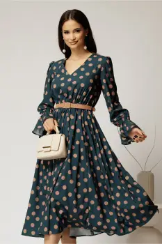 Rochie DY Fashion midi din voal turcoaz cu buline si curea in talie imagine