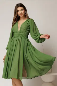 Rochie DY Fashion midi din voal verde in clos cu perle si tull la decolteu imagine