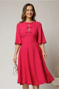 Rochie DY Fashion midi fucsia cu maneci evazate si funde pe bust imagine
